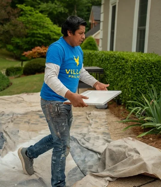 A professional interior painter carrying a freshly painted white cabinet door across protective drop cloths outdoors, illustrating specialized cabinet painting and preparation services.