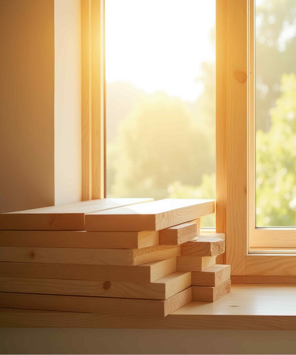 A stack of wooden planks on a windowsill is bathed in warm, golden sunlight. The window frames a blurred view of greenery outside, creating a serene atmosphere.