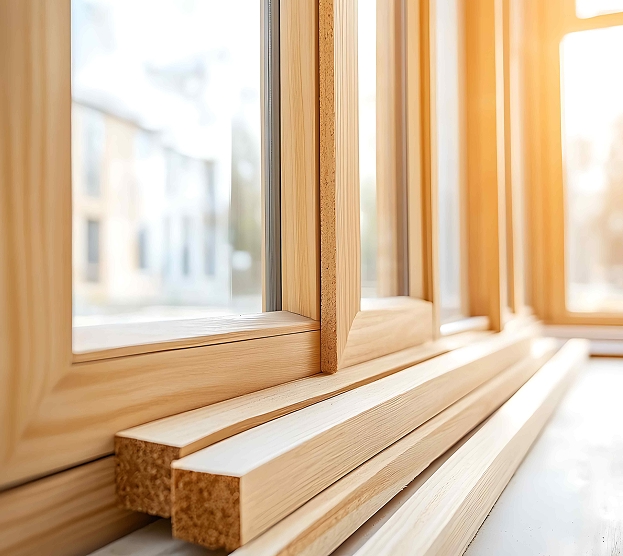 Sunlit wooden window frames stacked beside a window, with warm natural light highlighting the smooth grain of the wood, creating a cozy ambiance.