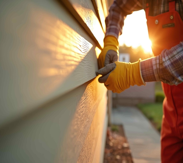 A person in gloves and overalls works on house siding at sunset, creating a warm glow. The scene conveys diligence and focus.
