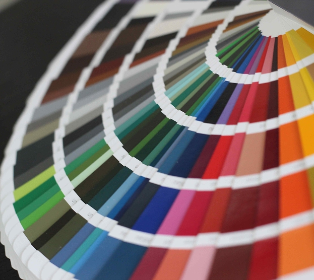 A fan of colorful paint swatches arranged in a gradient spectrum from dark to bright hues, displaying an array of options for choosing paint colors.