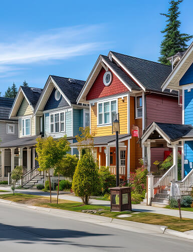 A row of colorful houses with red, blue, and yellow facades along a suburban street, surrounded by greenery and a clear blue sky, creating a cheerful atmosphere.