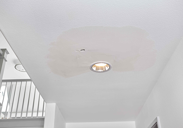 Ceiling with a recessed light and a large, irregular patch of water damage surrounding it. The damage suggests a leak, creating a sense of neglect or repair need.
