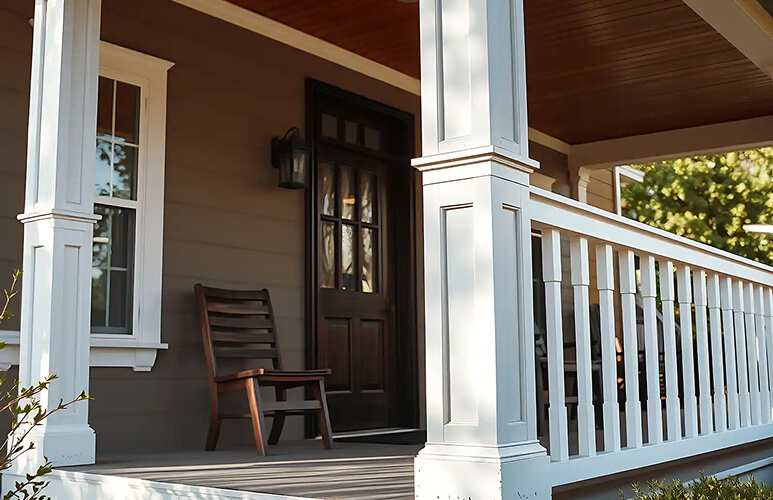 Front porch with a wooden chair, brown siding, and a dark door. White railings and columns enhance the cozy, inviting atmosphere under a warm light.