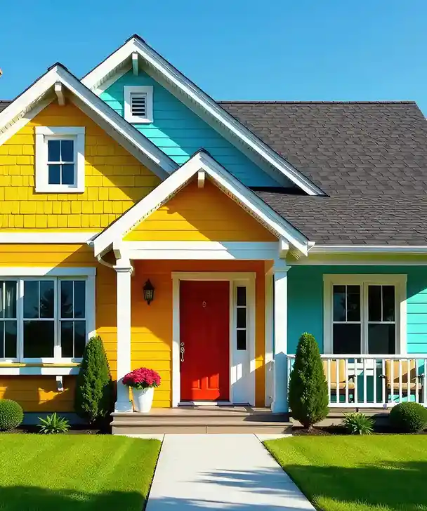 Colorful house with yellow and teal siding, a red door, and a gray roof. Bright green lawn and potted plants enhance the cheerful, sunny vibe.