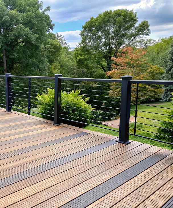 A sleek wooden deck with black railing overlooks a lush, green garden. Trees and bushes add a serene, natural ambiance under a partly cloudy sky.