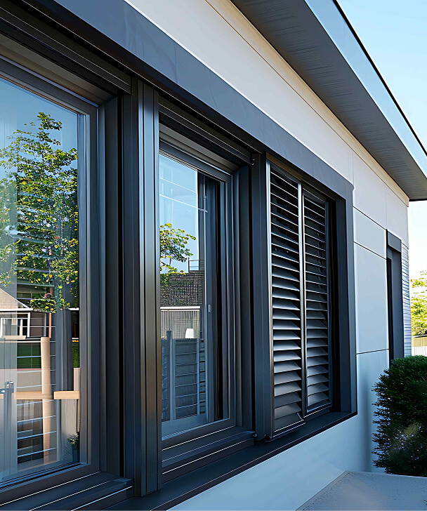 Modern building exterior with sleek, black-framed windows reflecting a clear sky and trees. Clean lines and contemporary design convey a calm, refined atmosphere.