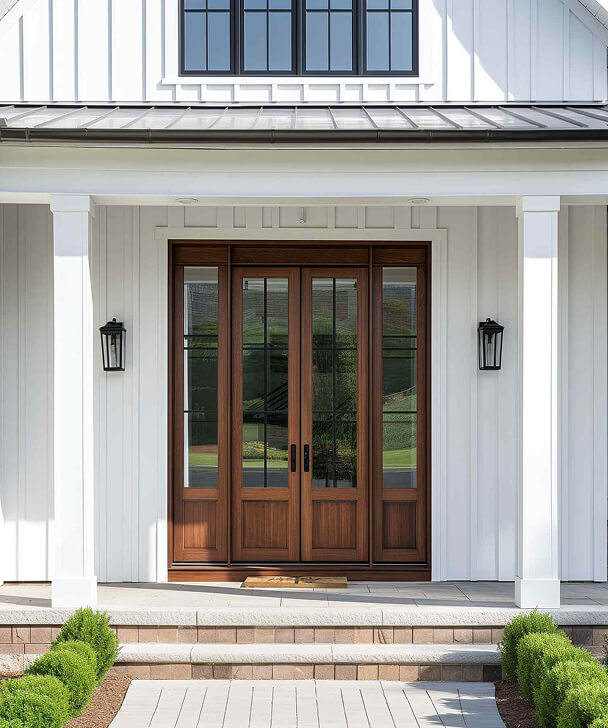 Wooden front door with glass panels set in a white house entrance. Flanked by black lanterns, with neat bushes and a paved walkway. Inviting and classic.