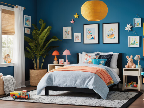 A cozy child's bedroom with blue walls and colorful decor. A bed with orange and blue bedding, toys, framed artwork, plants, and a warm yellow lamp create a playful, cheerful atmosphere.
