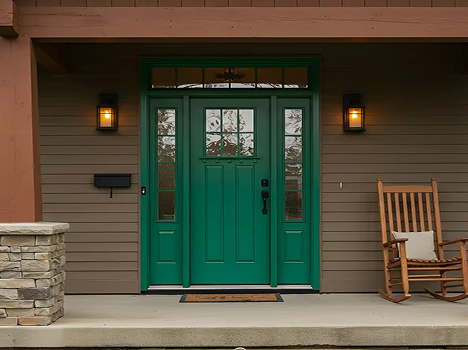 Green front door with side windows on a brown house. A stone column is on the left, and a wooden rocking chair is on the right, with soft lighting.