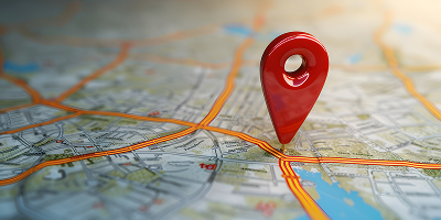 Red map pin on a detailed city map, highlighting a specific location. Orange roads and blue river visible, suggesting navigation or travel planning.