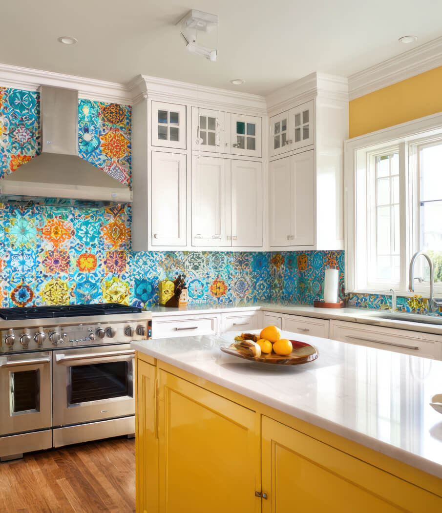 Bright kitchen features vibrant blue and orange patterned backsplash, stainless steel stove, white cabinets, and a yellow island with fruit bowl.