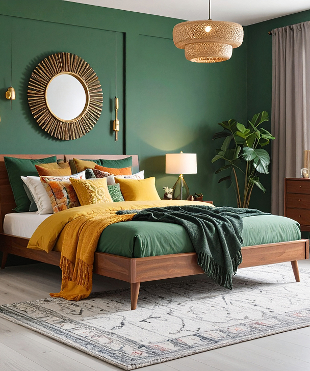 Cozy bedroom with a green accent wall and mid-century modern bed adorned with colorful pillows and throws. A round mirror, plants, and soft lighting add warmth.