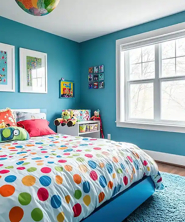 Child's bedroom with a vibrant blue wall, colorful polka dot bedding, and a variety of toys. Bright window light creates a cheerful, lively atmosphere.