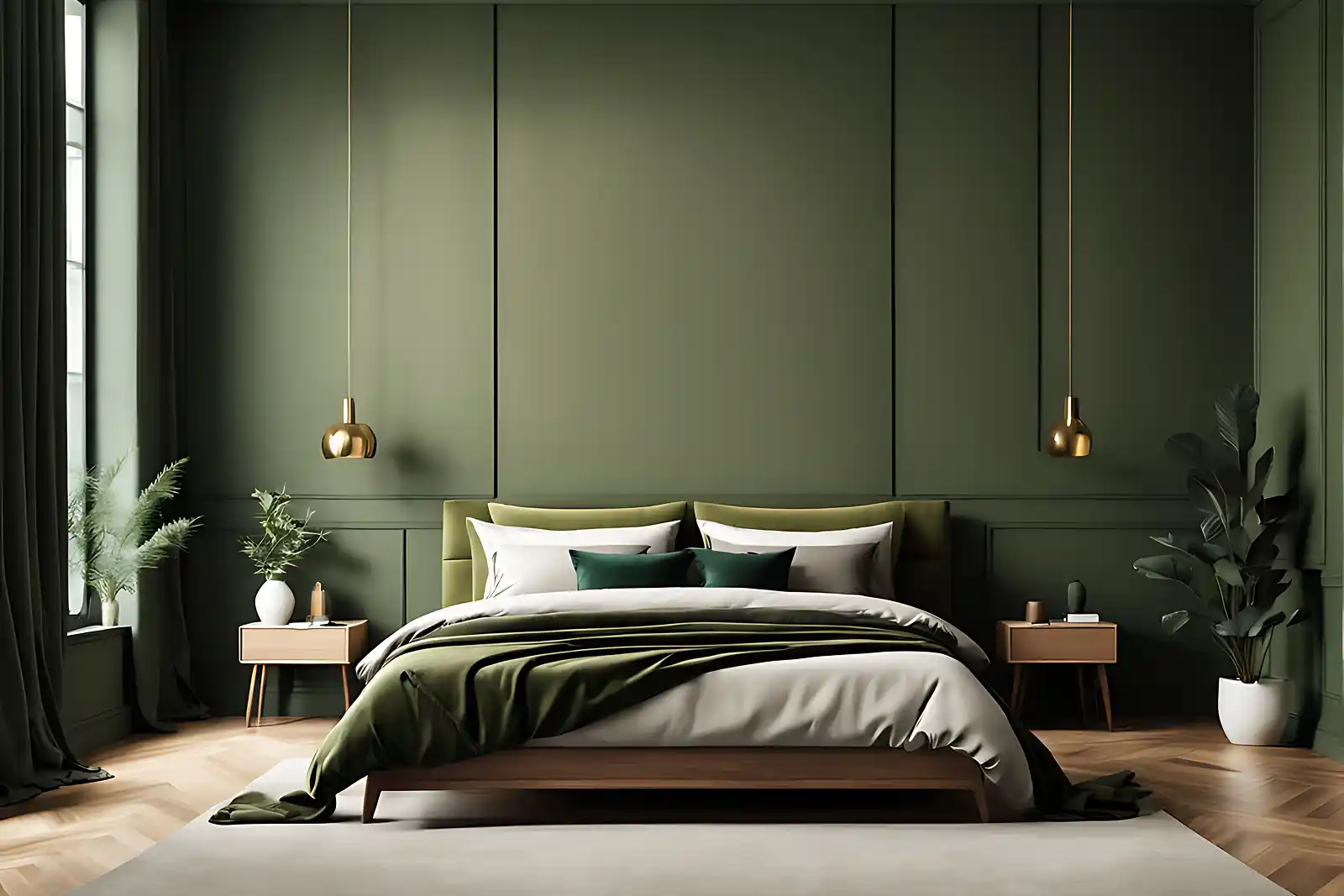 A serene bedroom features an olive green accent wall, a neatly made bed with matching bedding, pendant lights, wooden nightstands, and lush plants.