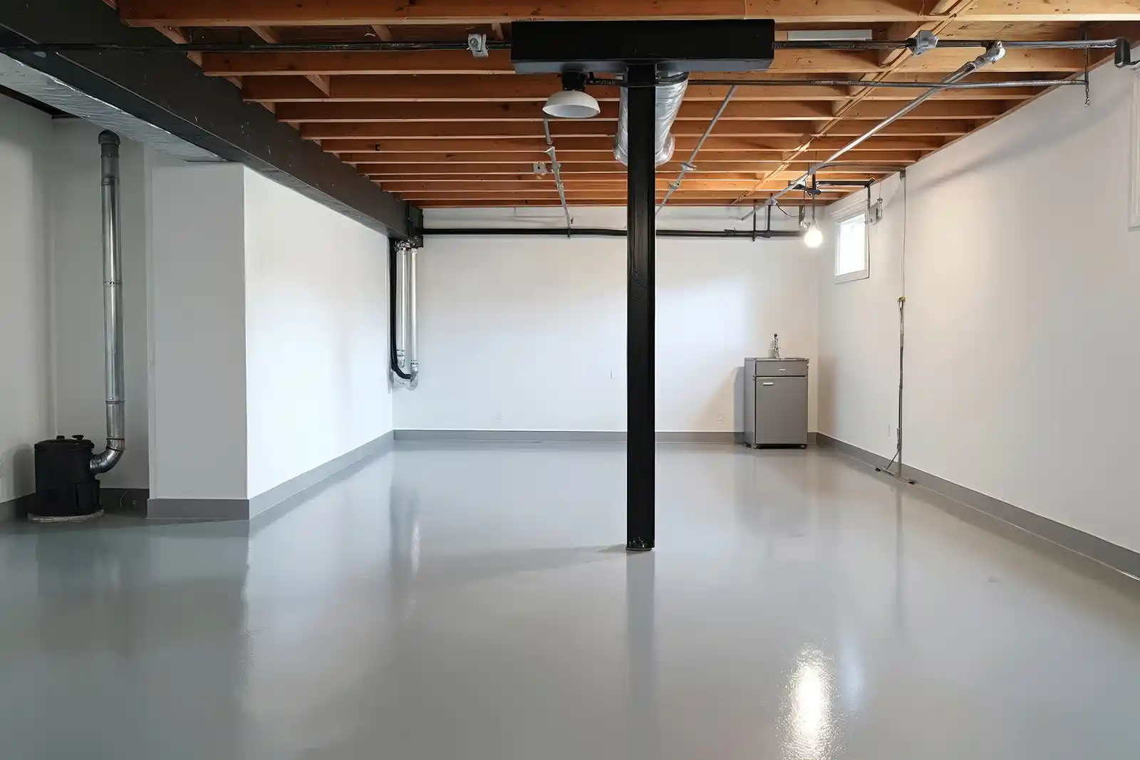 Spacious, empty basement with polished gray floor, white walls, exposed wooden ceiling beams, a metal support post, and a small utility sink.