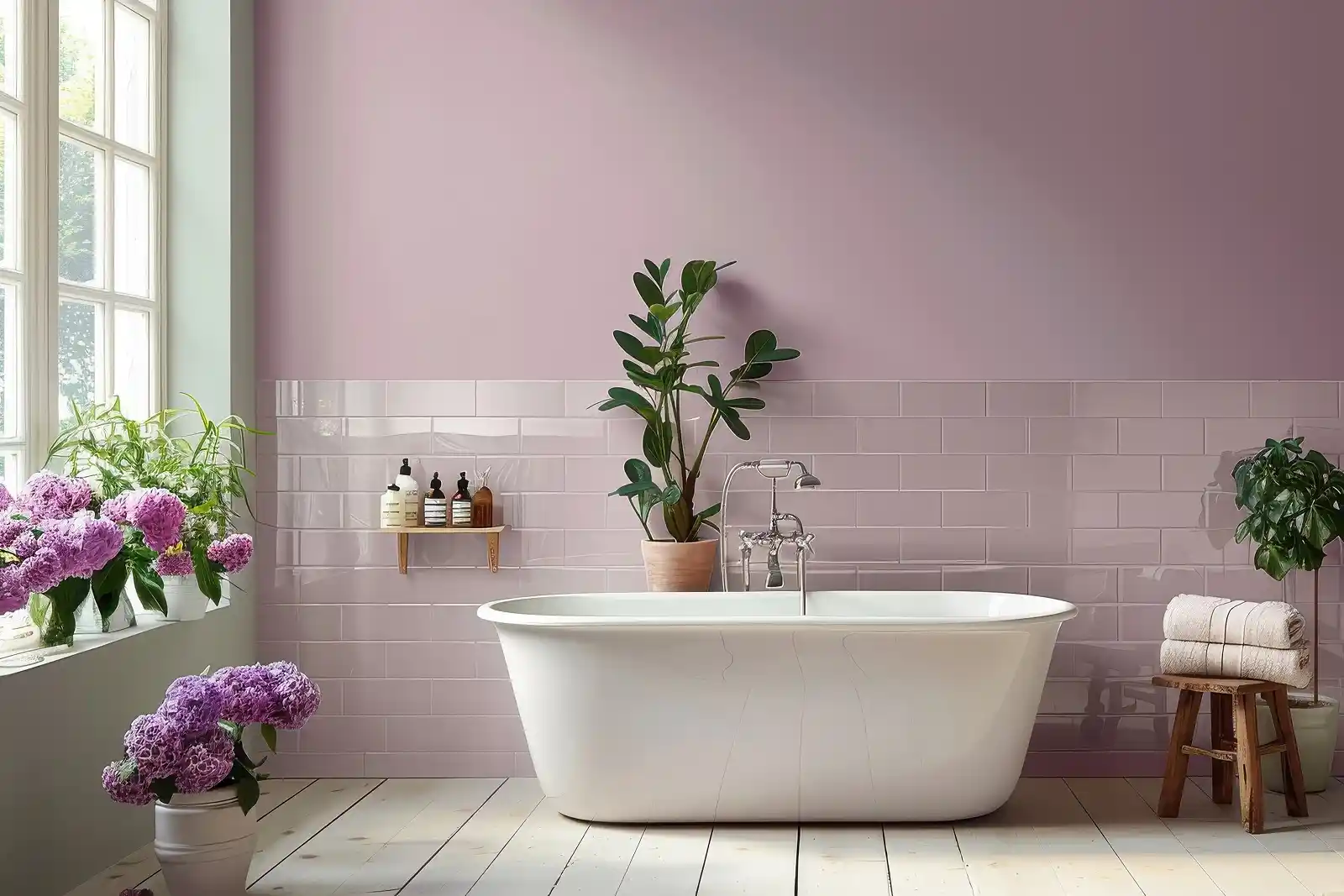 Bright bathroom with a white bathtub, soft pink walls, and subway tiles. Potted plants and purple flowers add freshness. A wooden stool holds towels.