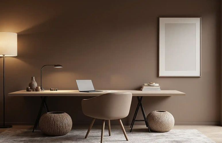 A minimalist workspace with a sleek desk, laptop, and modern lamp. Beige chair and woven ottomans complement the earthy decor against the brown walls. Cozy ambiance.