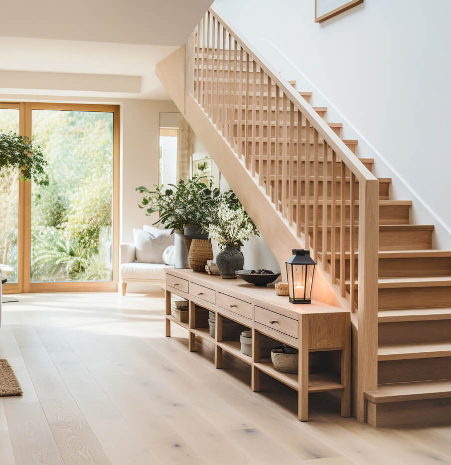 Modern, minimalist living space with wooden staircase and console. Plants and a lantern add warmth, while large windows bring in natural light. Calm ambiance.
