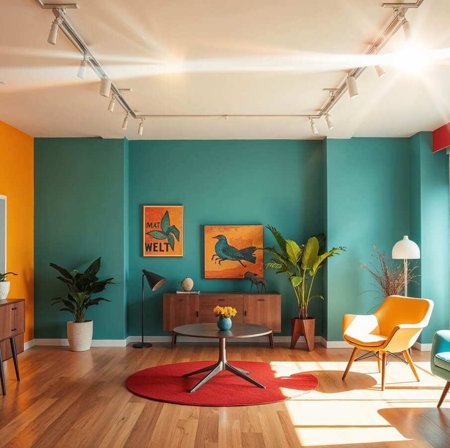 A bright, modern living room with teal and orange walls, featuring mid-century furniture, green plants, wall art, a red rug, and warm lighting.