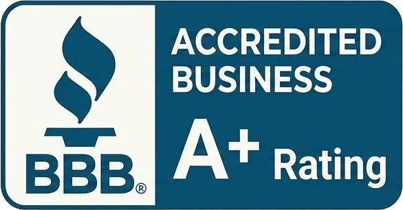 A blue and white badge displays the BBB logo with "Accredited Business" and "A+ Rating." It conveys trust and high standards of quality.